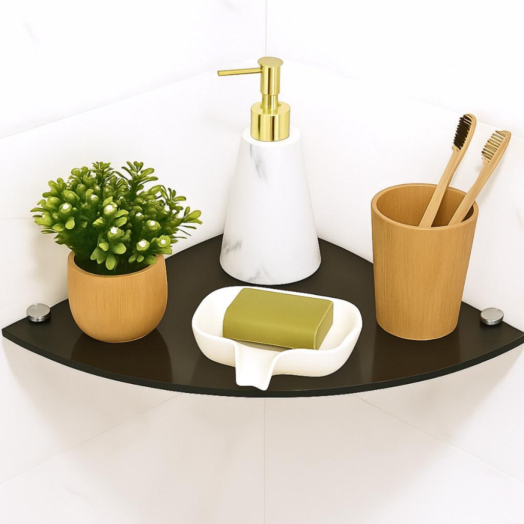 Prateleira de Vidro Multiuso 30cm Vidro Fumê Fixação Dupla Cromada de Parede Porta Shampoo Canto