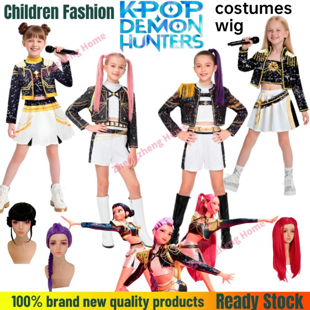 Crianças Tamanho KPOP Demônio Caçadores Trajes Pretos + Peruca Rumi Zoey Mira Cosplay Traje Palco Carnaval Halloween Des