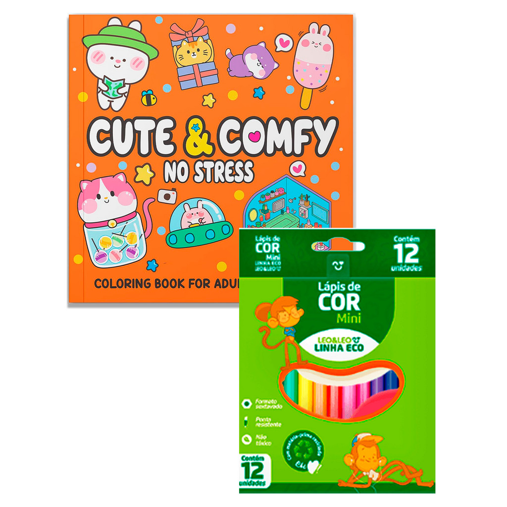 KIT Livro Colorir Cute & Comfy No Stress + 12 Lápis Cor Mini