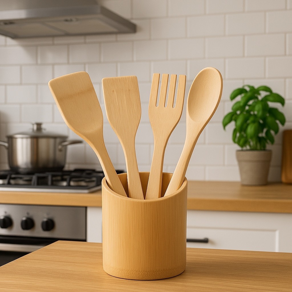 Kit 5 Utensílios de Cozinha de Bambu Bancadas Mesas Cozinha Alimentos Colheres Anti Fungos