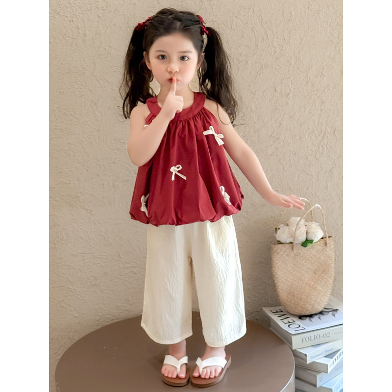Bebê menina moda doce terno 2025 novo estilo verão crianças moda arco colete calças de perna larga terno de duas peças