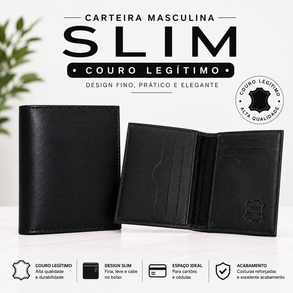 Carteira Masculina Slim COURO BOVINO LEGÍTIMO Porta Cartões Design Fino