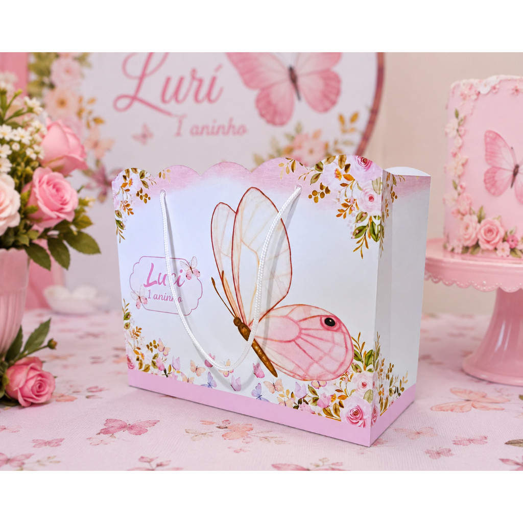 Sacolinha Surpresa Jardim das Borboletas Rosa Personalizado  Lembrancinha Aniversário Festa Infantil