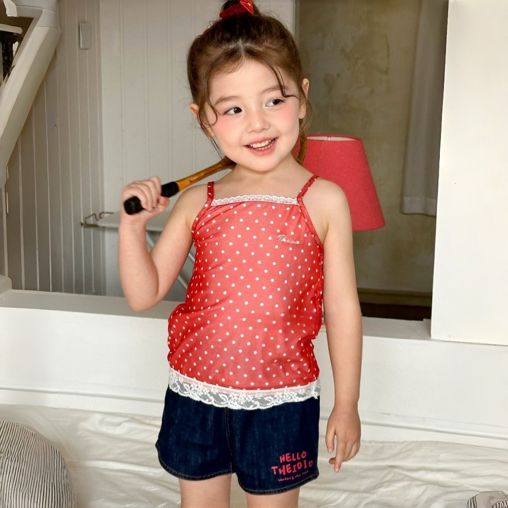 [Pronta Entrega] Theioioio Blusinha de Alcinha Infantil Vermelha Bolinhas Renda TWA70372