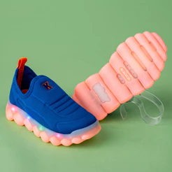 Tênis Infantil Menino Kidy Brinca Flex Azul Laranja Luz LED Pisca Calce Fácil Confortável
