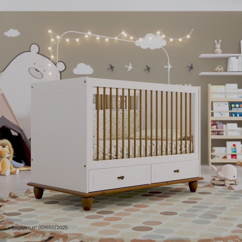 Berço Vira Cama em MDF 96cm x 79,5cm Joy Branco/Off White/Nogueira