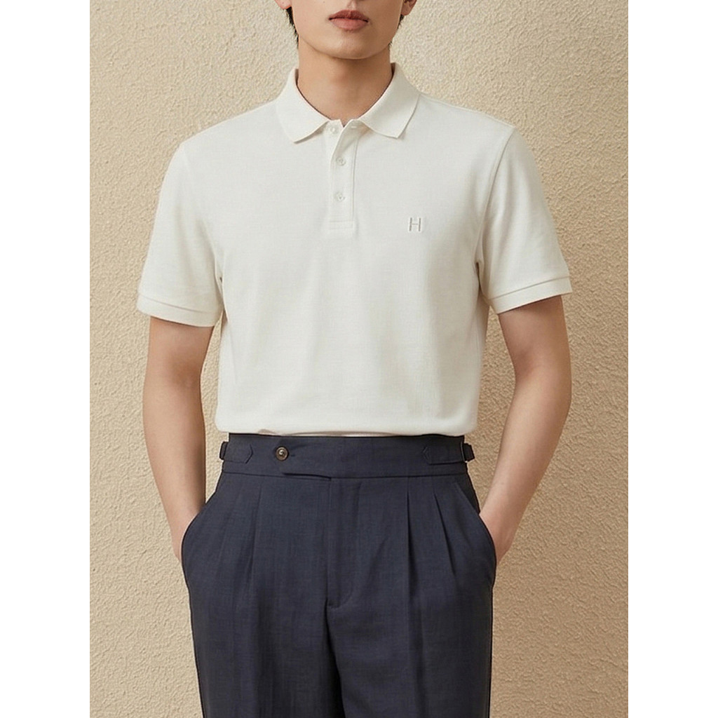 Giyomon camisa Polo de manga curta masculina lapela bege verão cor sólida Casual Commuter All-Match respirável bordado c