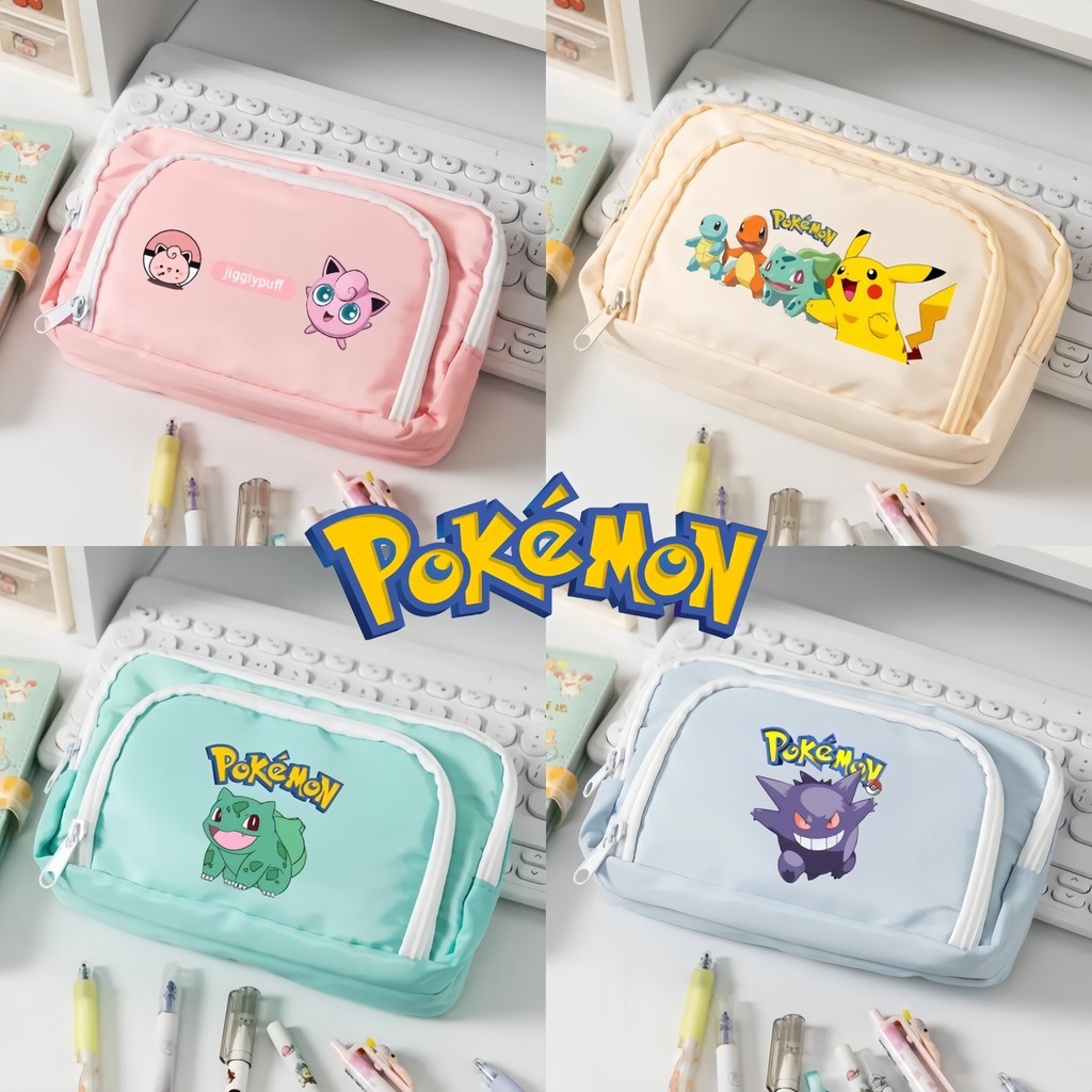 Estojo de lápis com zíper de grande capacidade, lona colorida de três camadas, padrão Pokémon em tons de macaron, acompa