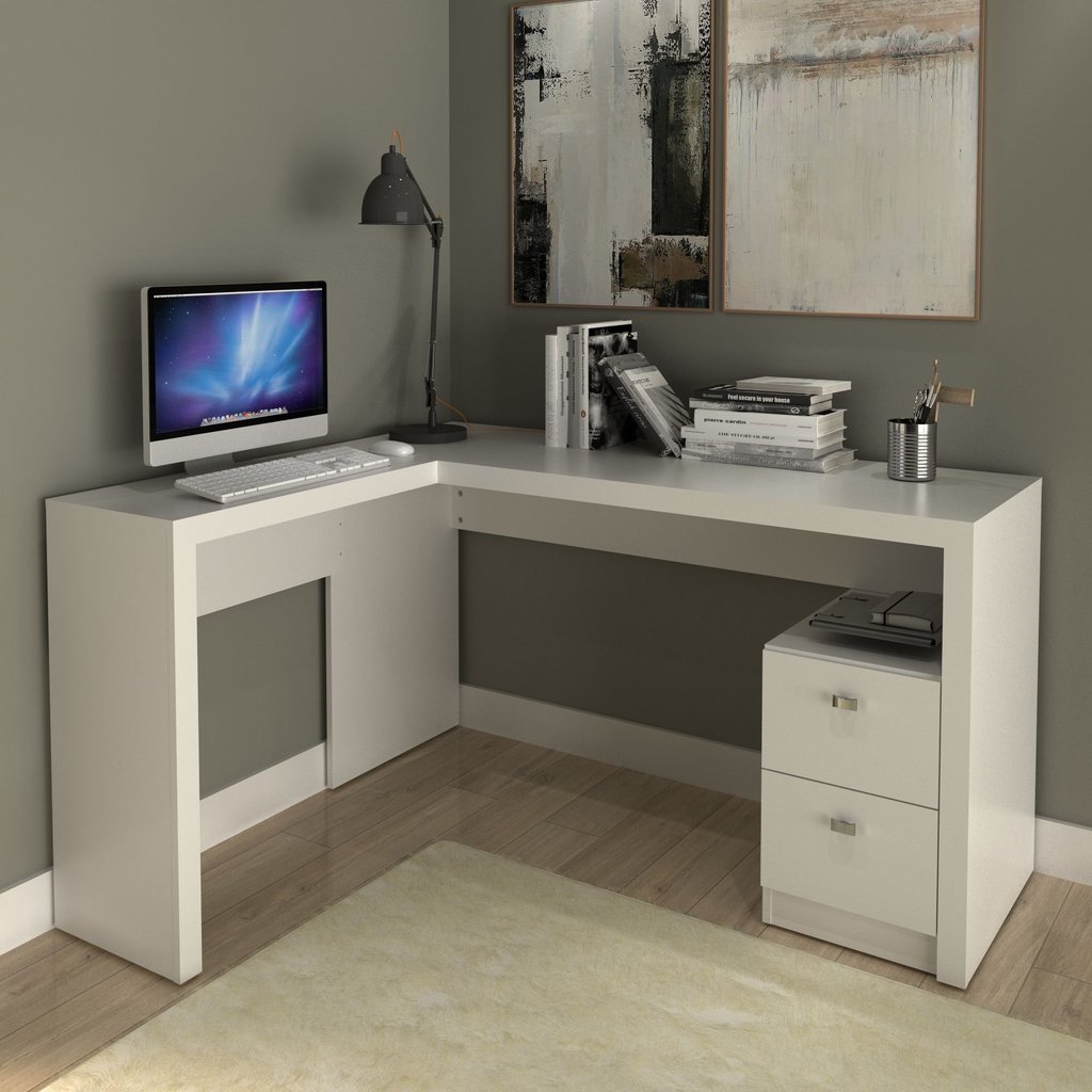 Escrivaninha Mesa Escritório em L com ME4129 2 Gavetas 135,8cm Branca Branco