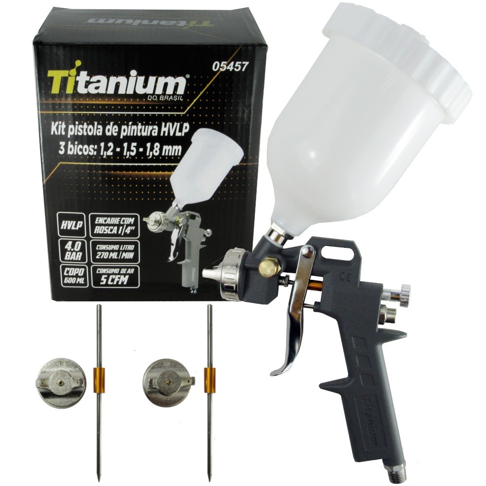 Pistola de pintura HVLP tipo gravidade com 3 bicos 1,2 / 1,5 e 1,8mm - 05457 Titanium