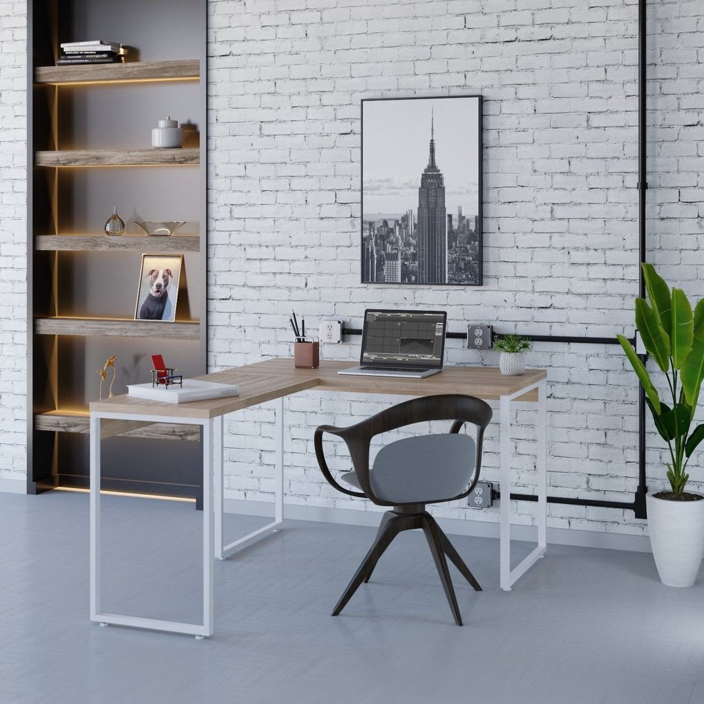 Escrivaninha Mesa Escritório em L Estilo Kuadra 120cm Industrial Lamina Mel e Branco Marrom Lamina Mel/Branco