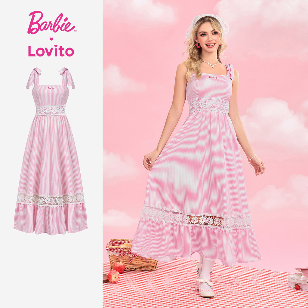 Barbie™ X Lovito Férias Vestido Rosa Primavera/verão Aplicação Renda Alças Mulhe
