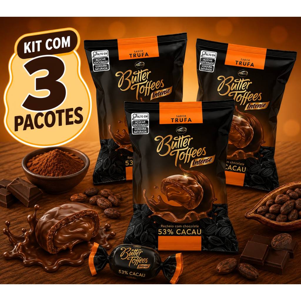 Kit Com 3 Balas Mastigável Butter Toffees Intense 53% Cacau Trufa Arcor 90g