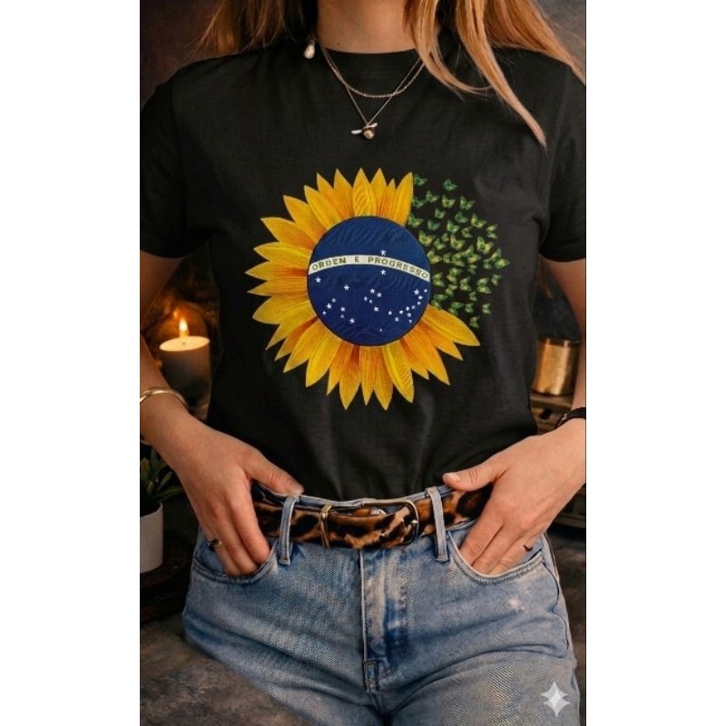 ​Blusa Camiseta Feminina T-Shirt Estampada Girassol Brasil Borboletas Algodão Confortável Casual Tendência