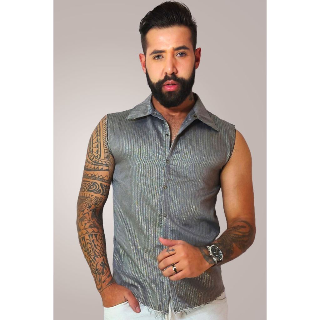 Camisa Masculina JotaVê Modelo Machão Cinza Brilhoso Moda Masculina Casual