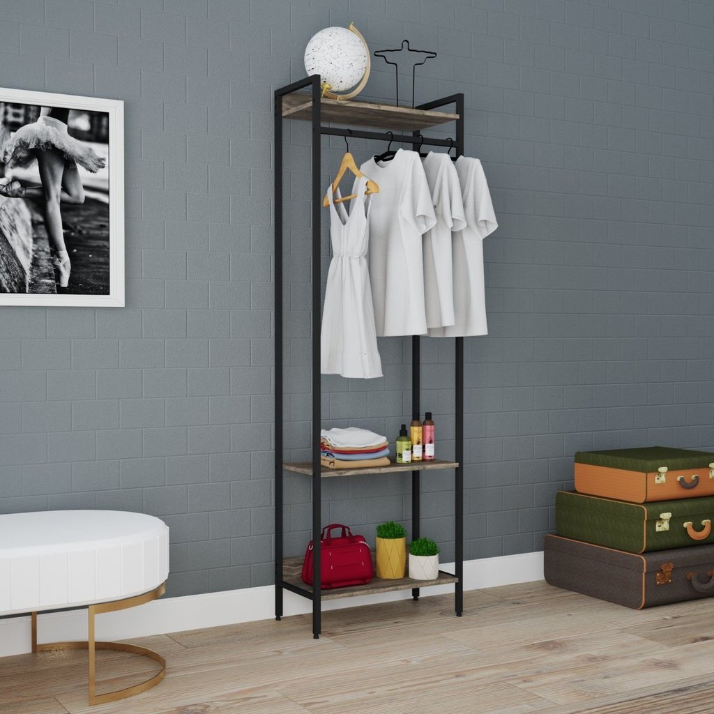 Estante Closet Arara 187x60cm 3 Prateleiras Active Yescasa Marrom/Carvalho Dark/Preto Carvalho Dark/Preto