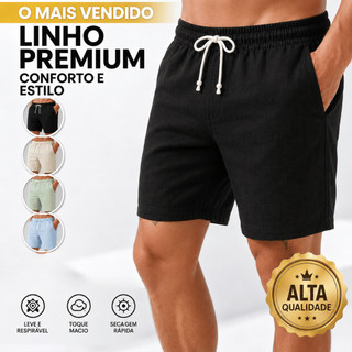 Short Bermuda Linho Masculino Casual Verão Cintura Elástica Mauricinho