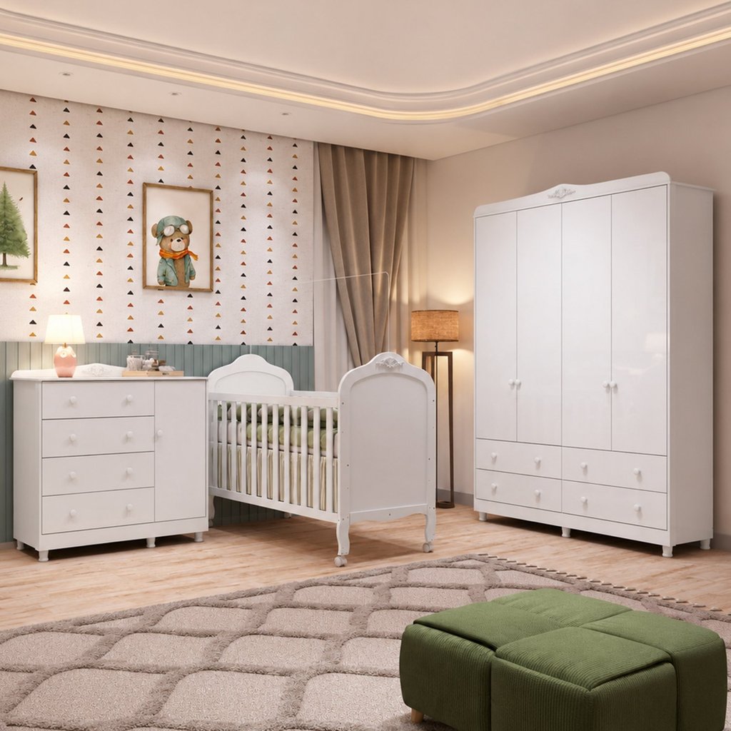 Quarto de Bebê Berço Guarda Roupa e Cômoda Maya Clássico Espresso Móveis Branco/Brilho Branco/Brilho