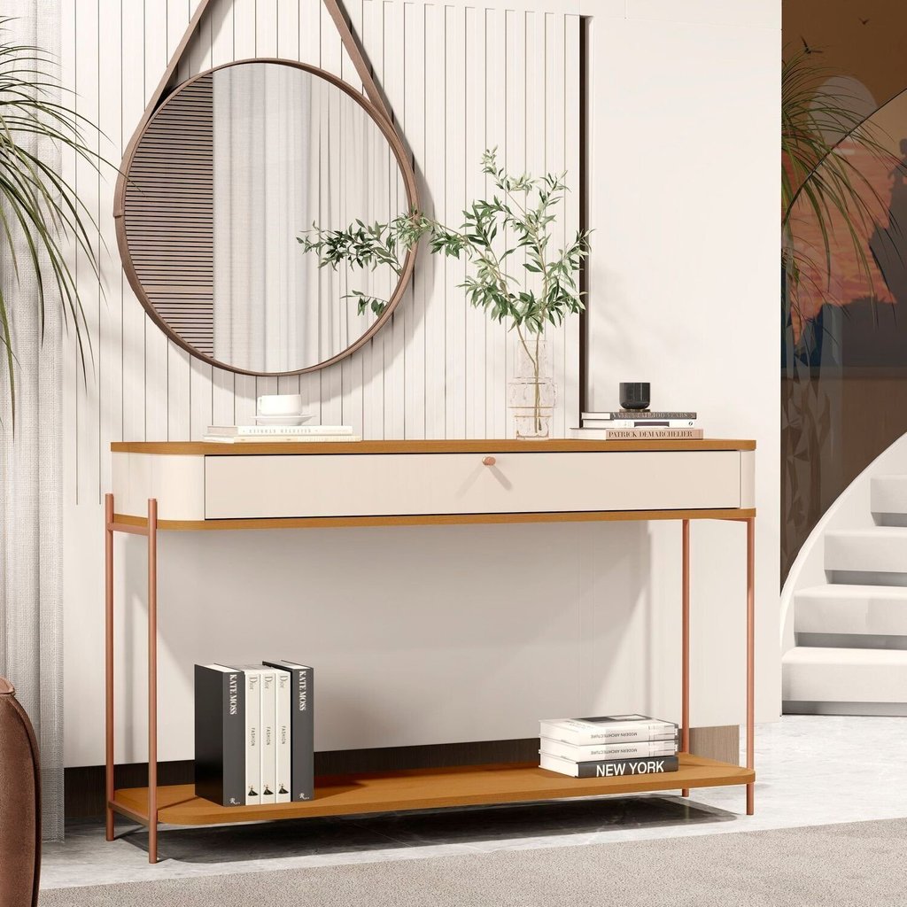 Aparador Curvo 1 Gaveta Pés e Puxadores em Metal 100% MDF 121cm Tucupí Bege Off White/Nature/Bronze