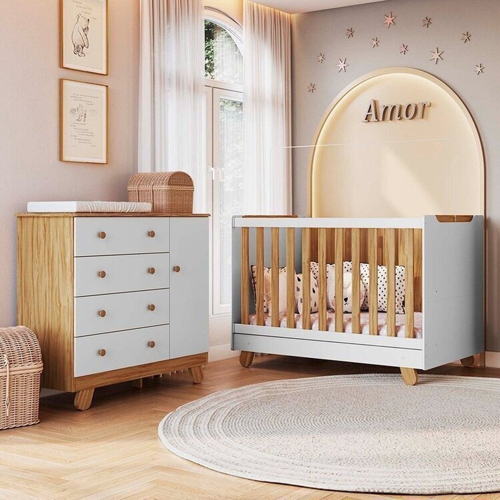 Quarto de Bebê Cômoda e Berço Minicama 4 em 1 Levy 100% MDF Espresso Móveis Amêndoa/Branco Brilho Amêndoa/Branco