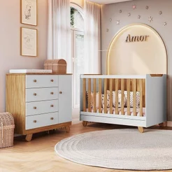Quarto de Bebê Cômoda e Berço Minicama 4 em 1 Levy 100% MDF Espresso Móveis Amêndoa/Branco Brilho Amêndoa/Branco