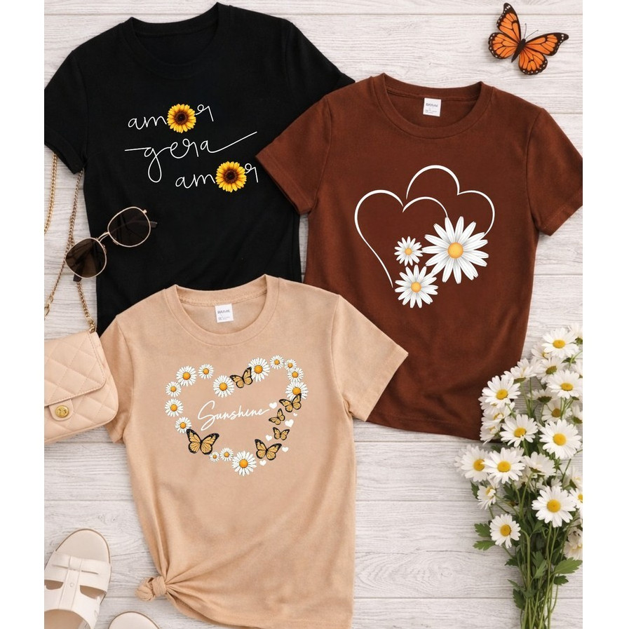 Kit 3 T-Shirts Femininas 100% Algodão Camiseta Floral Girassol Margarida Coração Casual Premium Leve