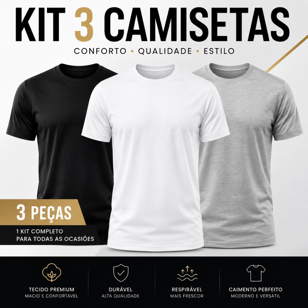 Kit 3 Camiseta Lisa Premium Masculina Camisa Basica Academia Treino Casual Festa Dia A Dia Blusa Masculina