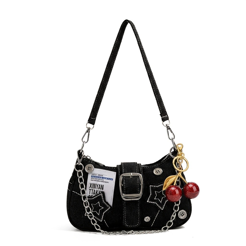Bolsa Casual preta, bolsa nas axilas em formato de crescente estilo Y2K, Design exclusivo de fivela, enfeites de cereja 