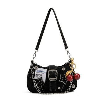 Bolsa Casual preta, bolsa nas axilas em formato de crescente estilo Y2K, Design exclusivo de fivela, enfeites de cereja 