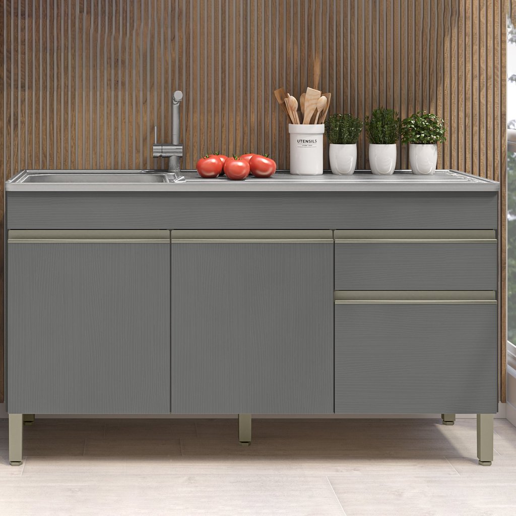Balcão para Pia 150cm sem Tampo 3 Portas 1 Gaveta Line Gris Gris
