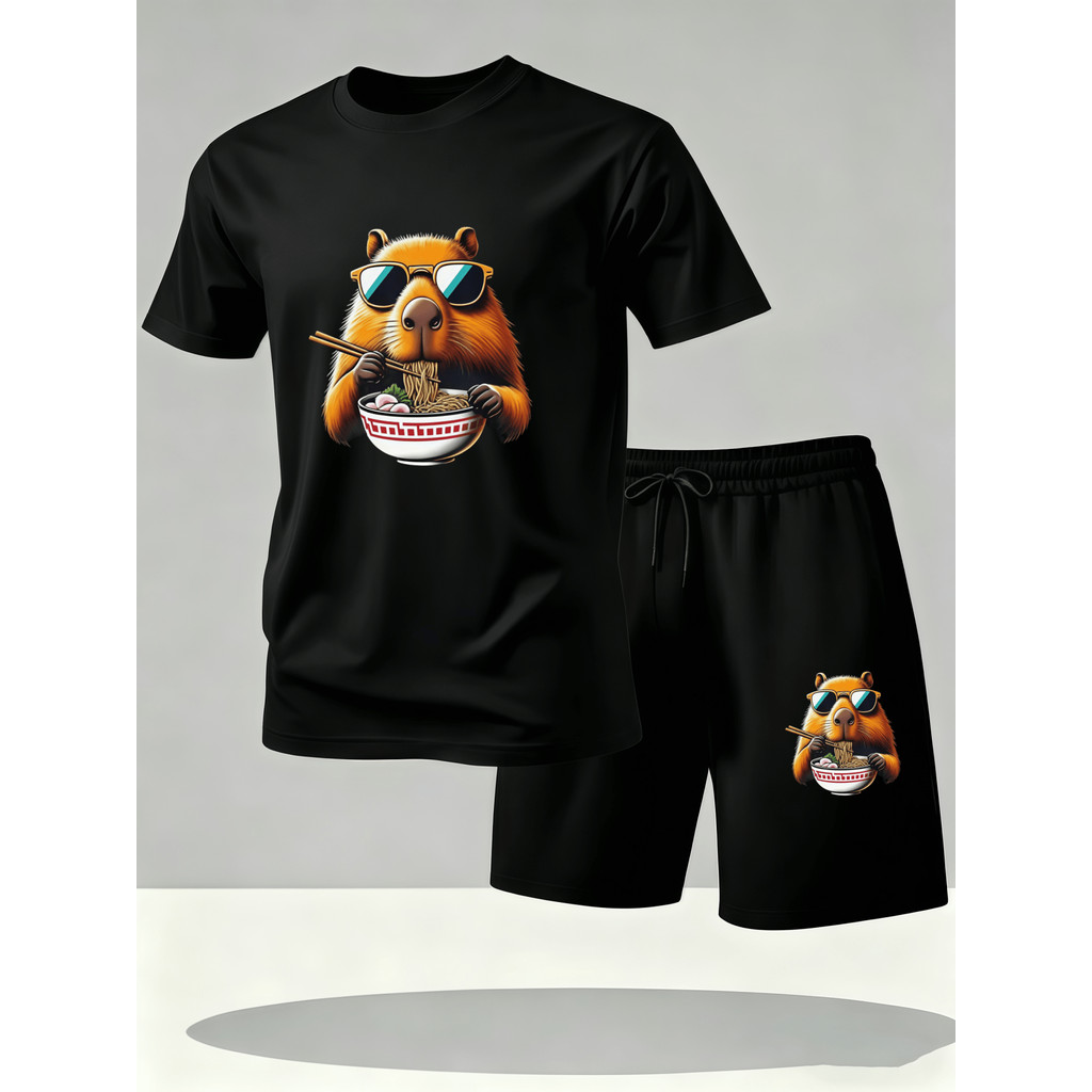 Conjunto Masculino de Camiseta e Shorts de Verão com Estampa Moderna de Capivara de Desenho