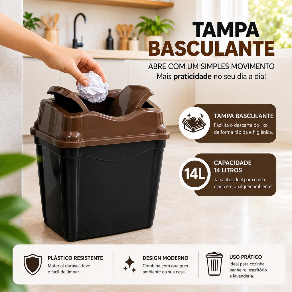 Lixeira Basculante 14L Prática e Higiênica Plástico Ultra Resistente Fácil de Limpar Banheiro Cozinha
