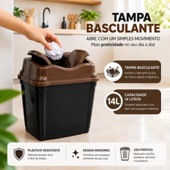 Lixeira Basculante 14L Prática e Higiênica Plástico Ultra Resistente Fácil de Limpar Banheiro Cozinha