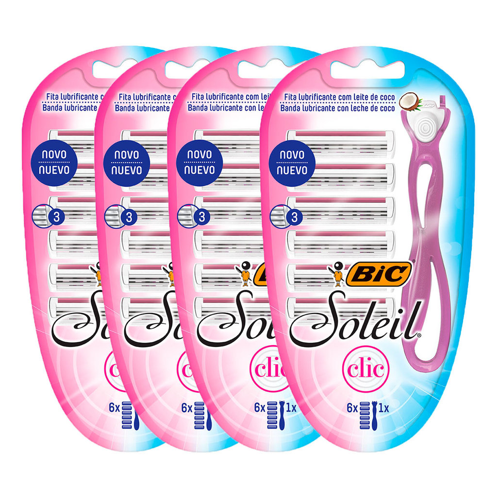 Kit 4 peças depilador Soleil Clic Rosa + 6 lâminas Recarregáveis Bic