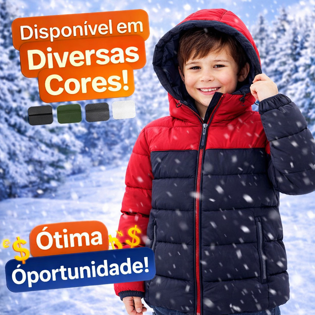 Jaqueta Bobojaco Juvenil Menino Puffer Nylon Forrada Casaco Infantil Escola Inverno Proteção Contra Vento E Frio Forte
