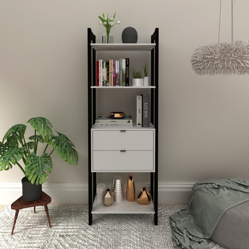 Estante de Livros 65CMX184,7cm 2 Gavetas Centro Haia Yescasa Branco/Preto Preto/Branco