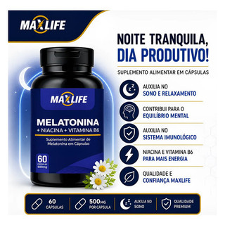 Melatonina Pura Max Life 60 Caps 500mg Suplemento Noite