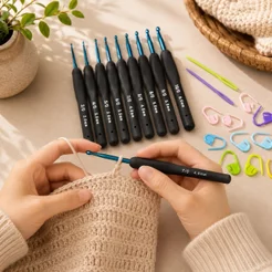 Kit Agulhas de Crochê 2mm a 6mm com Cabo Emborrachado 9 Peças + Marcadores de Ponto