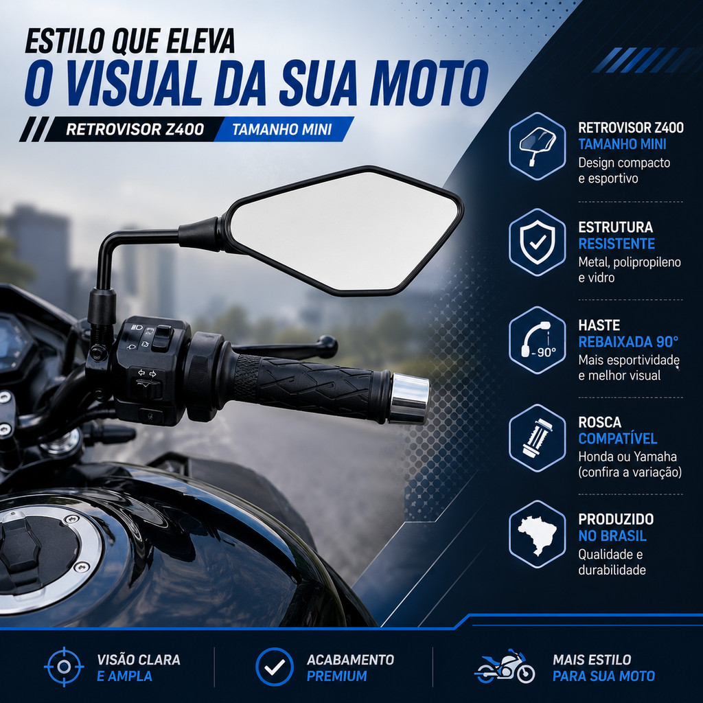 Retrovisor Mini Kawasaki Z400 Rebaixado 90º Honda Ou Yamaha Renascença — imagem 2 de 2