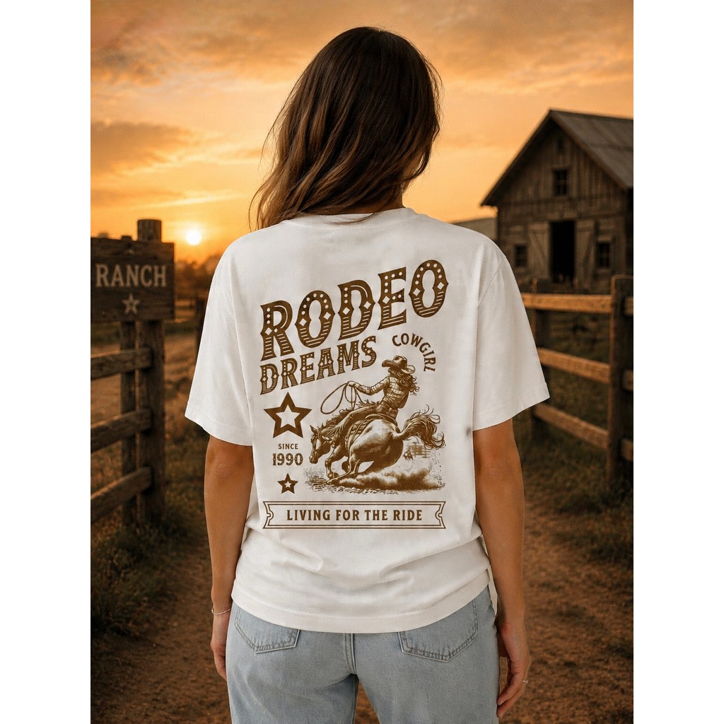 Camiseta Casual Rodeo Dreams Country 100% Algodão Premium Estampada  Cowboy Western Tecido Leve Macio Unissex