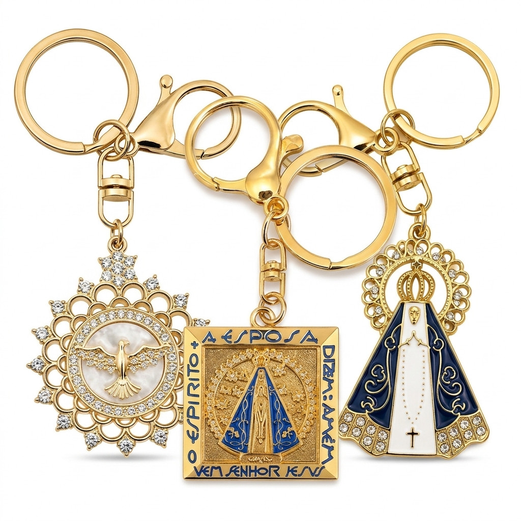 Chaveiro Religioso Kit 3 Peças Nossa Senhora Aparecida E Espírito Santo Dourado Decorativo Luxo