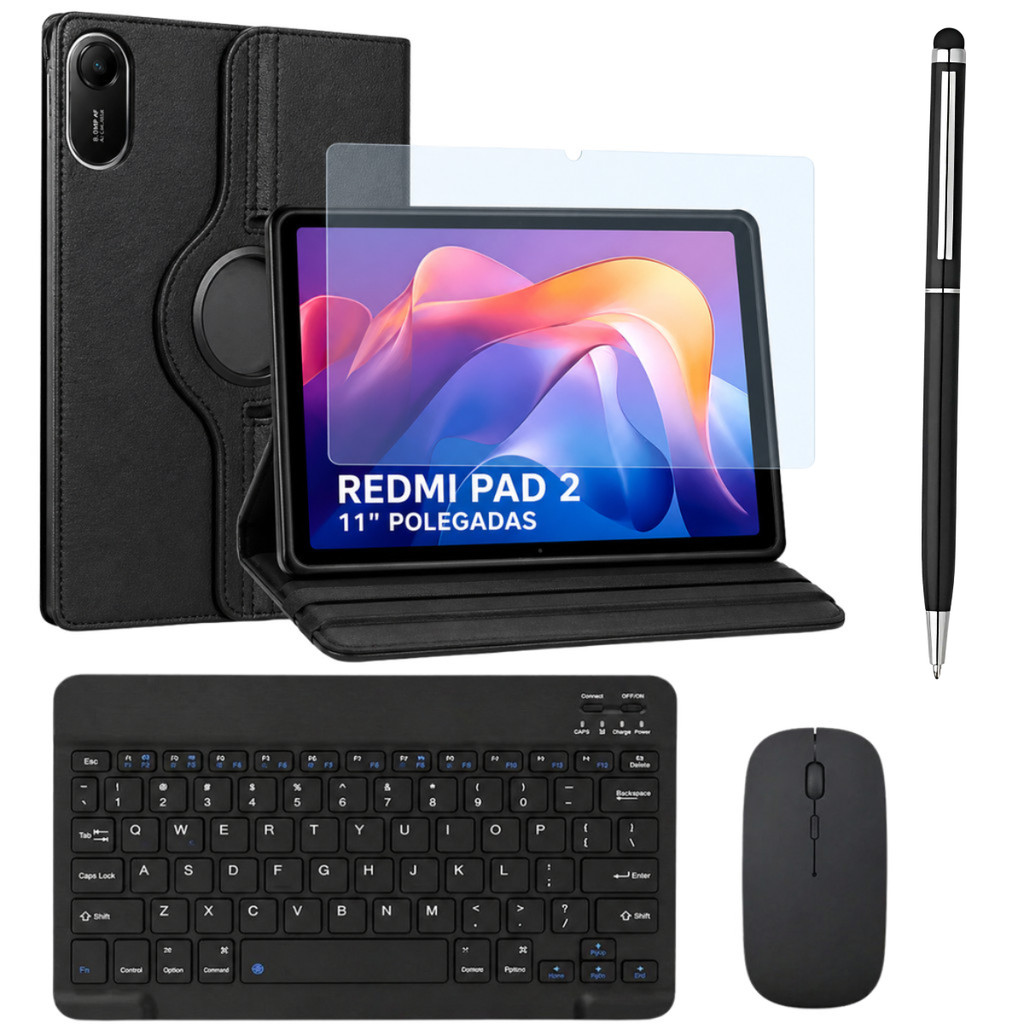 Kit para Tablet Redmi Pad 2 11" Pol Capa Giratória + Película de Vidro + Caneta Touch + Teclado e Mouse Bluetooth