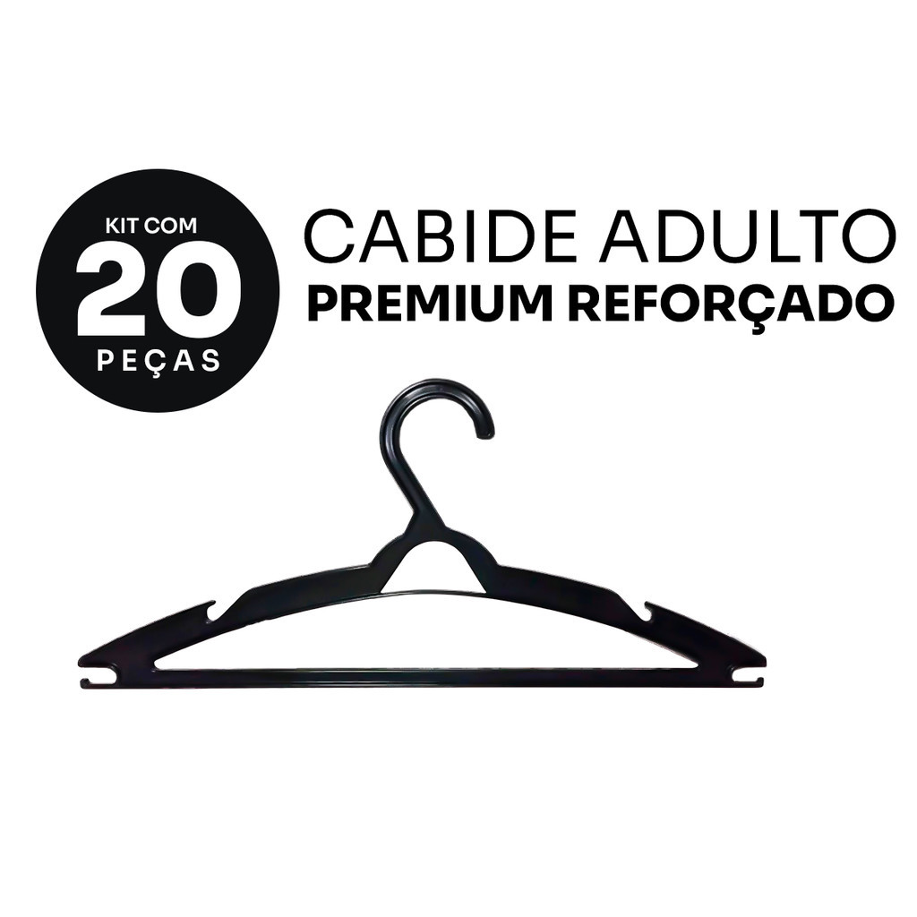 Kit 20 Cabide Adulto Reforçado Preto Plástico Cruzeta Roupas Resistente Premium