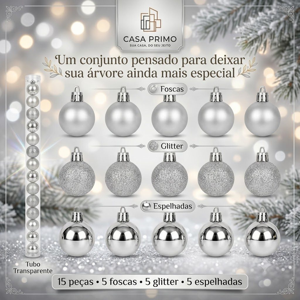 Kit 15 Bolas de Natal Prata 4cm Fosca Glitter e Brilho Espelhado Enfeite Árvore Decoração Casa Primo — imagem 2 de 2