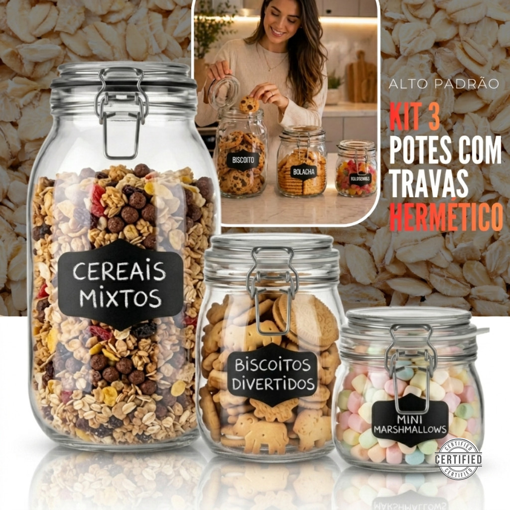 Kit 3 Potes De Vidro Hermetico Com Trava 500ml 700ml 2200ml Porta Condimentos