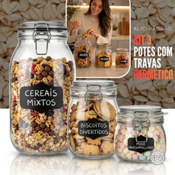 Kit 3 Potes De Vidro Hermetico Com Trava 500ml 700ml 2200ml Porta Condimentos