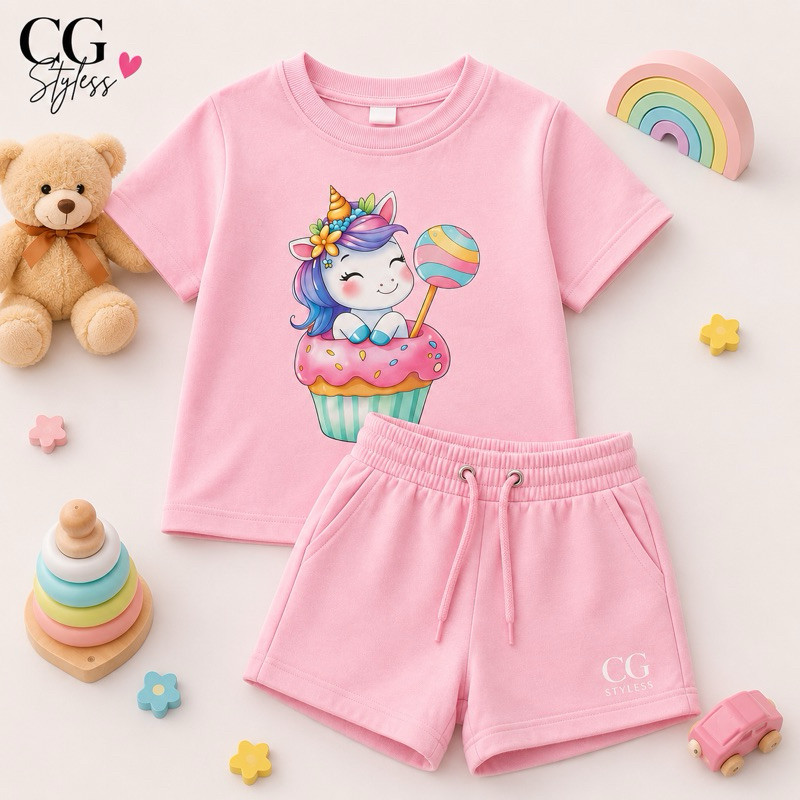 Conjunto Infantil Feminino Camiseta e Short Moletinho Unicórnio | Roupa Menina Confortável Casual 2 ao 16