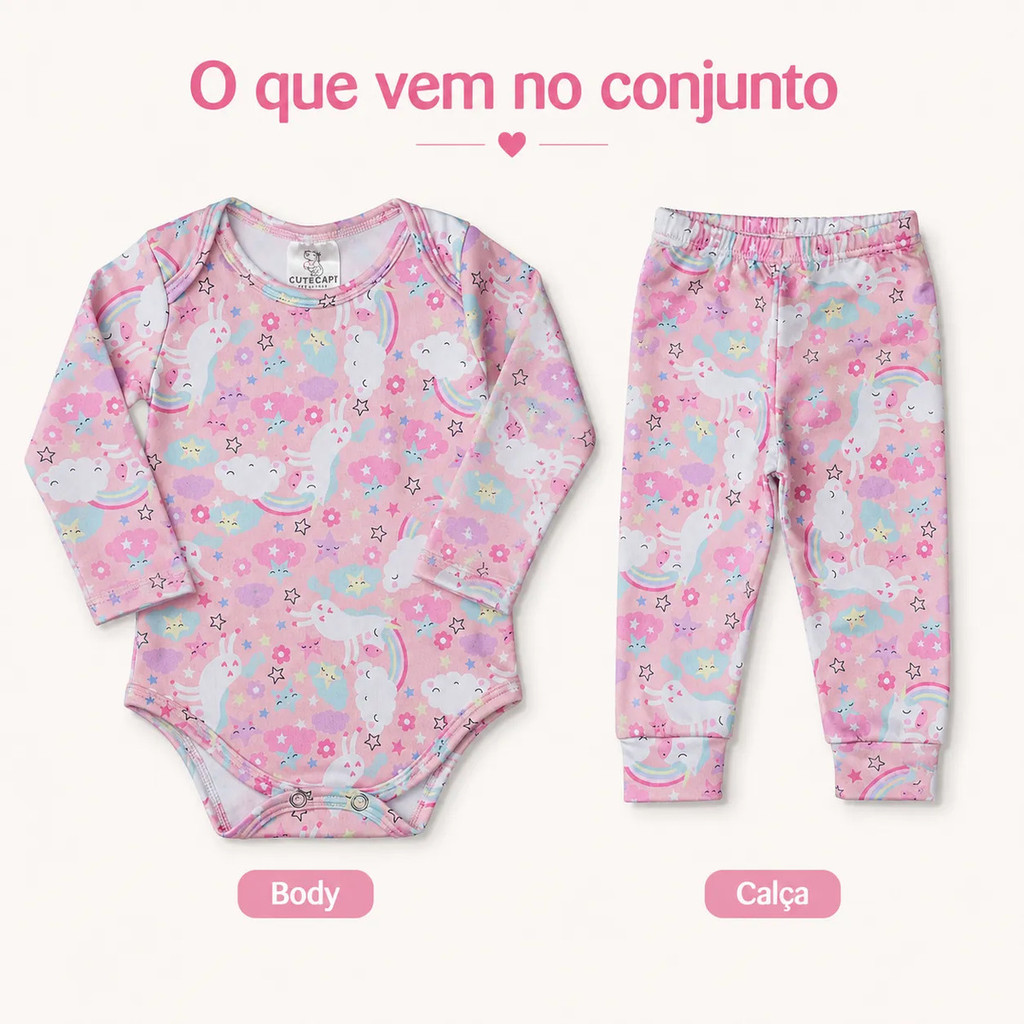 Conjunto Bebê Térmico Unicórnio Body Manga Longa Calça Peluciado Inverno Gola Envelope Macio Enxoval Confortável RN ao 3