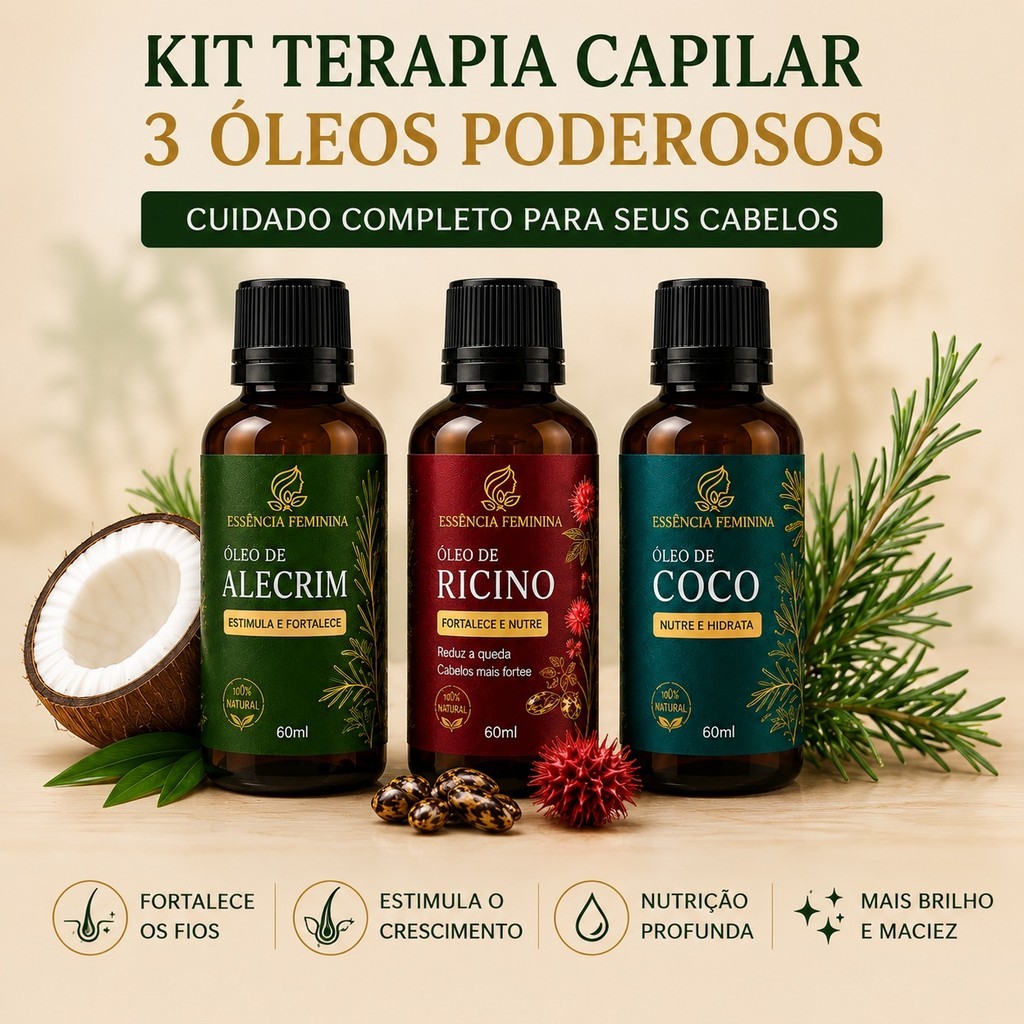 Kit Terapia Capilar Óleo de Coco + Rícino + Alecrim 60ml Misturinha umectação capilar completa