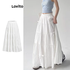 Lovito Casual Saias Românticas Com Laço Liso E Babados Em Cascata Para Mulheres L98AD095